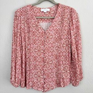 Bunulu Pink Orange Medallion Print Lurex Shimmer Pintuck Button Front Blouse M